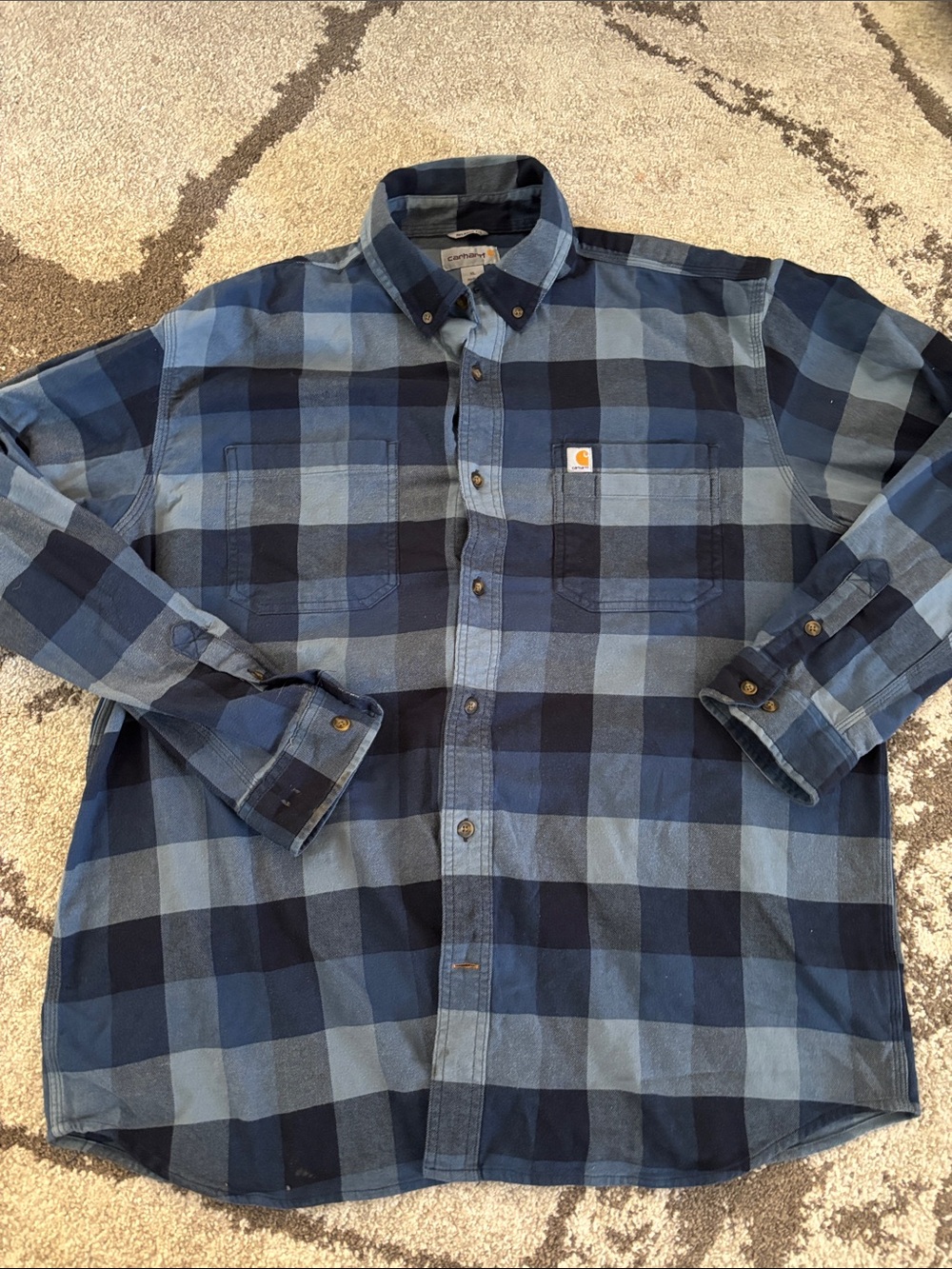 Carhartt Men's Navy Blue Plaid Hubbard Flannel Button-Down Shirt